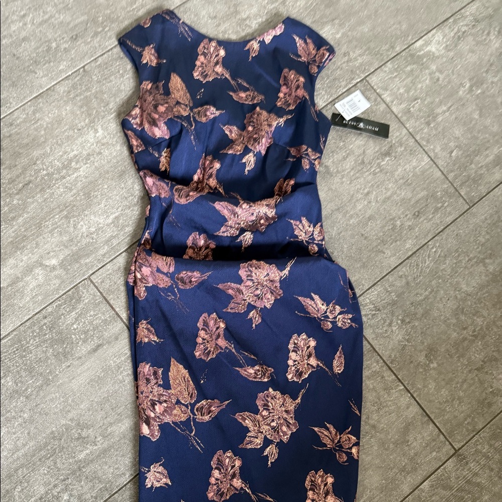 betsy & adam navy dress with rose gold flowers